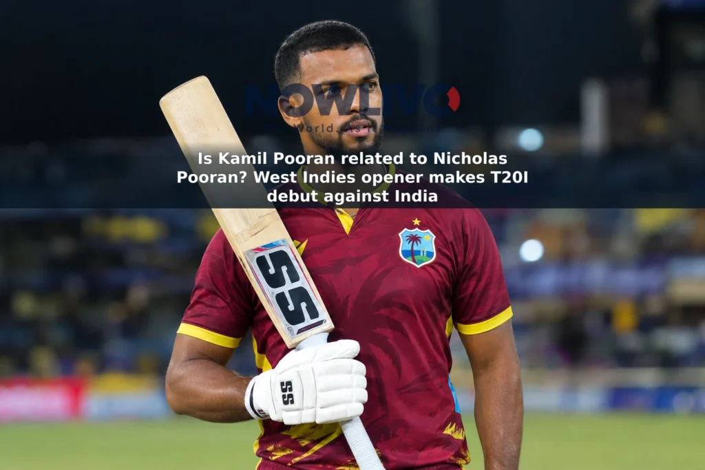 Editorial-style image of Kamil Pooran holding a cricket bat at a stadium.
