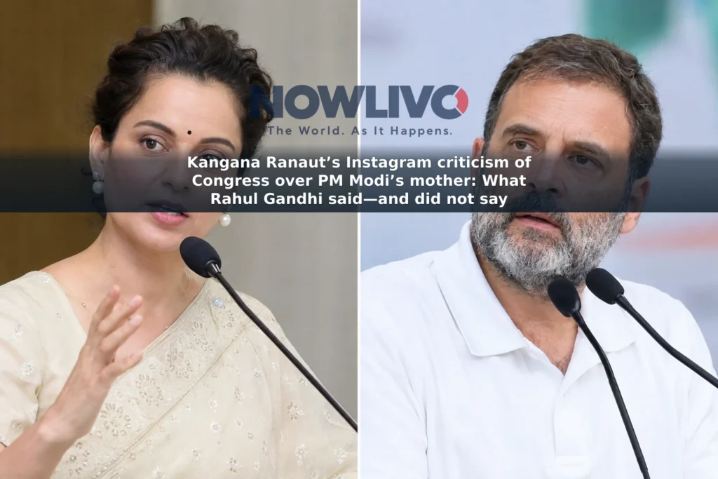 Separate editorial-style portraits of Kangana Ranaut and Rahul Gandhi in a split composition.