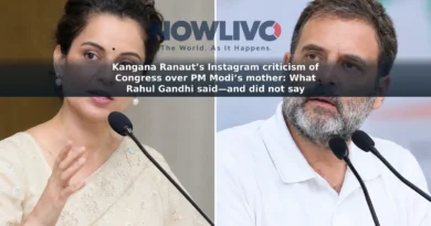 Separate editorial-style portraits of Kangana Ranaut and Rahul Gandhi in a split composition.