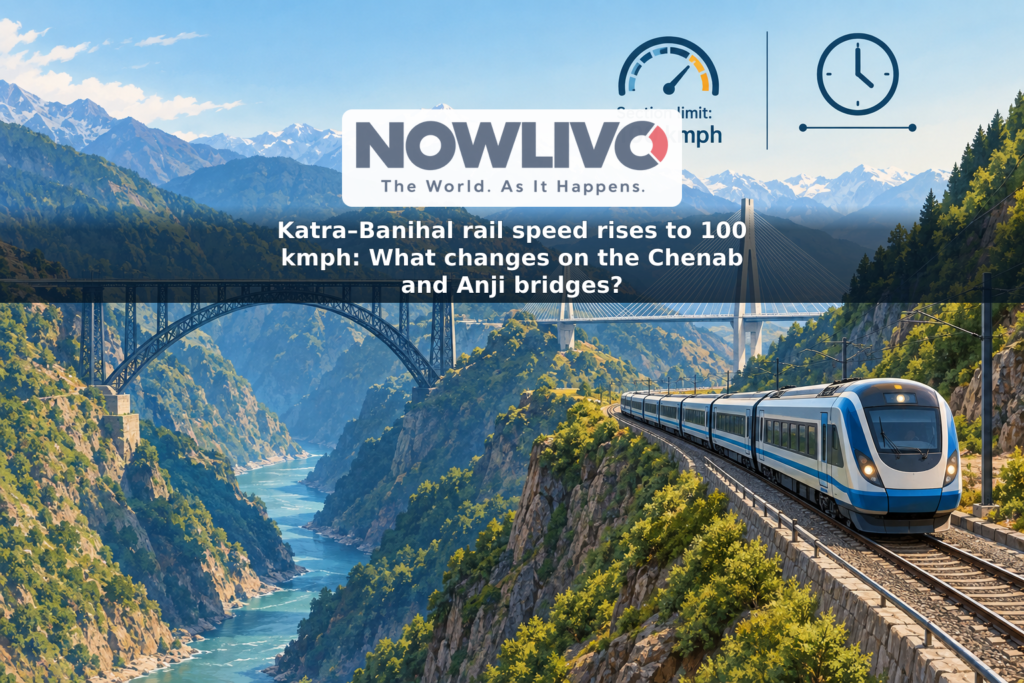 Illustration of a train crossing two stylized mountain railway bridges beside a 100 kmph section-limit graphic and a separate journey-time clock.