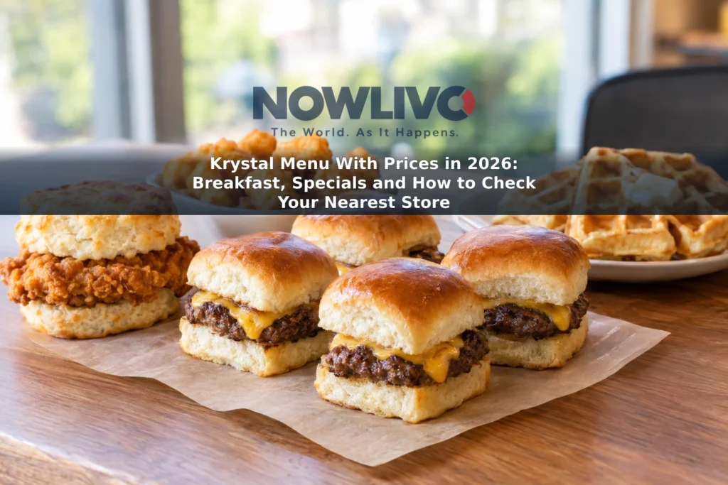 Square sliders, a chicken biscuit, tots and waffles arranged on a fast-food table