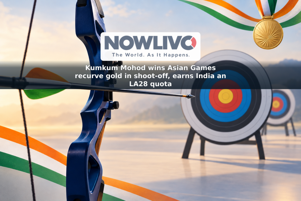 Illustration of a recurve bow and arrow aimed at a gold-centred target, with Indian tricolour accents.
