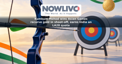 Illustration of a recurve bow and arrow aimed at a gold-centred target, with Indian tricolour accents.