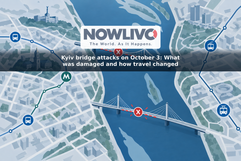 Illustrated map of Kyiv’s two riverbanks with bridge inspection markers and disrupted bus, trolleybus and metro symbols.