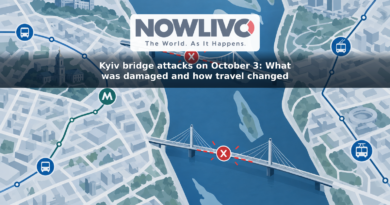 Illustrated map of Kyiv’s two riverbanks with bridge inspection markers and disrupted bus, trolleybus and metro symbols.