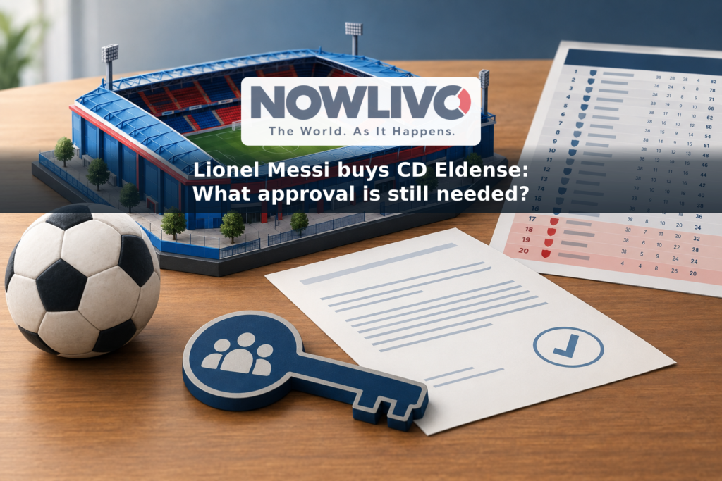 Illustration of a football stadium beside a pending approval form and a league table, representing Messi’s Eldense acquisition and the club’s relegation battle.