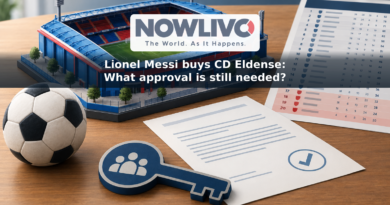 Illustration of a football stadium beside a pending approval form and a league table, representing Messi’s Eldense acquisition and the club’s relegation battle.