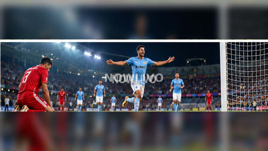 Blue-shirted footballer celebrating a goal as a red-shirted opponent looks on under stadium lights