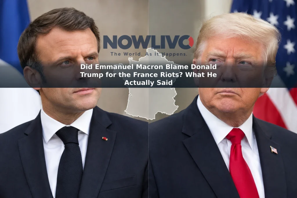 Separate editorial portraits of Emmanuel Macron and Donald Trump beside a map outline of France