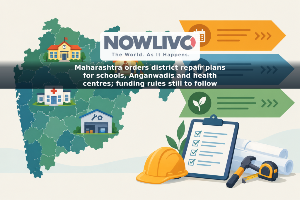 Illustrated Maharashtra map with icons for schools, childcare centres, health clinics and training institutes beside a repair-planning clipboard.