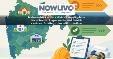 Illustrated Maharashtra map with icons for schools, childcare centres, health clinics and training institutes beside a repair-planning clipboard.