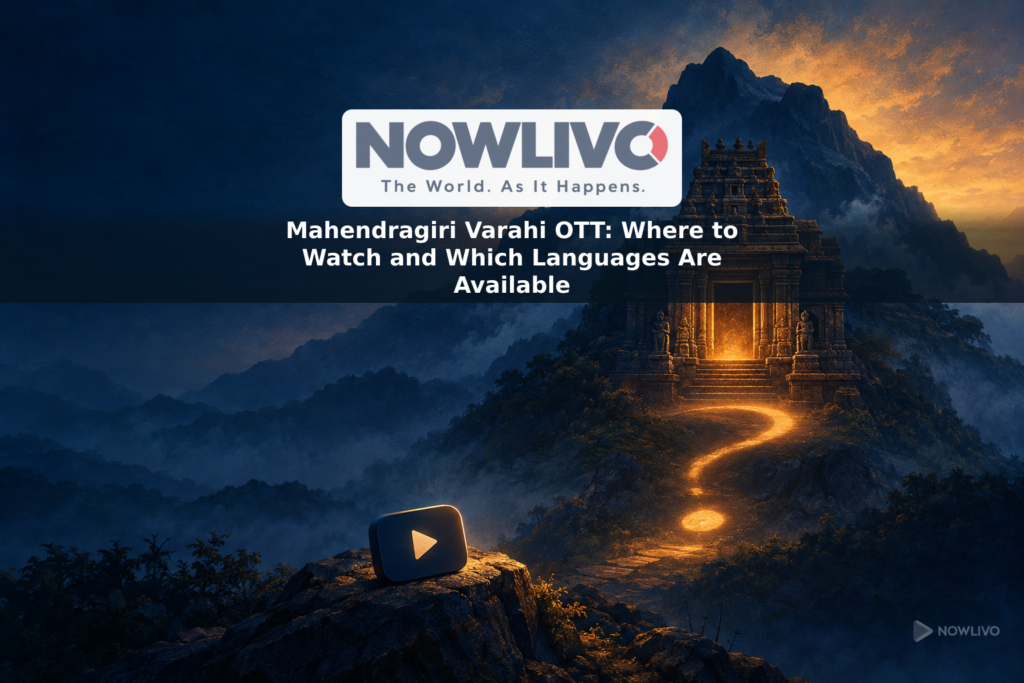 Conceptual illustration of a temple doorway beneath dark mountains, with a glowing trail and streaming play icon.