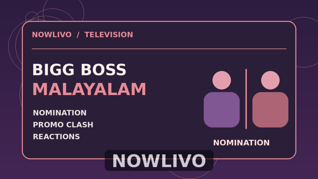 Original editorial illustration of two opposing silhouettes and a nomination board representing Bigg Boss Malayalam 8 promo coverage; not an episode still.