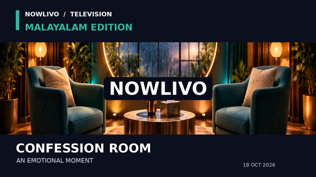 Conceptual editorial illustration of two empty teal armchairs and a tissue box in a warmly lit private conversation room; not an actual Bigg Boss Malayalam episode still.