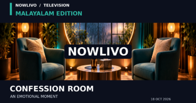 Conceptual editorial illustration of two empty teal armchairs and a tissue box in a warmly lit private conversation room; not an actual Bigg Boss Malayalam episode still.