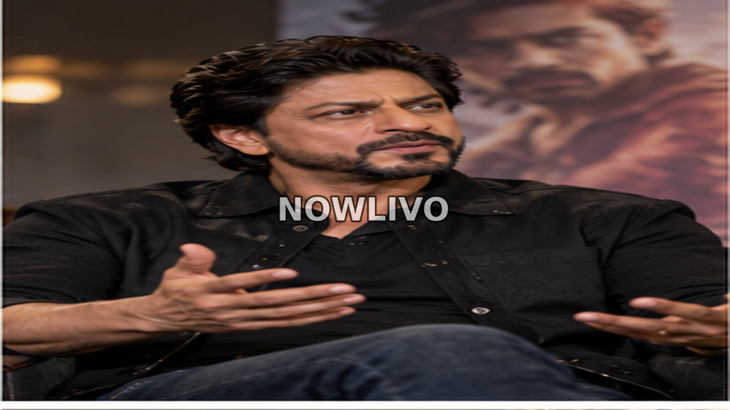 Bollywood-style actor in a dark shirt speaking thoughtfully during an interview in front of a film poster.