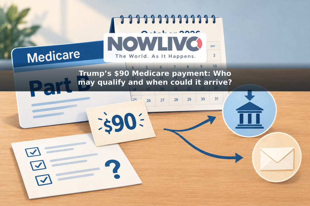 Illustration of a Part B coverage card, October calendar, $90 symbol, and possible direct-deposit and mailed-check routes beside an eligibility checklist.