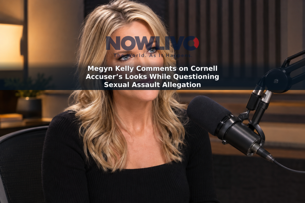 Editorial-style illustration of Megyn Kelly seated beside a microphone in a broadcast studio.
