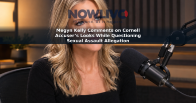 Editorial-style illustration of Megyn Kelly seated beside a microphone in a broadcast studio.