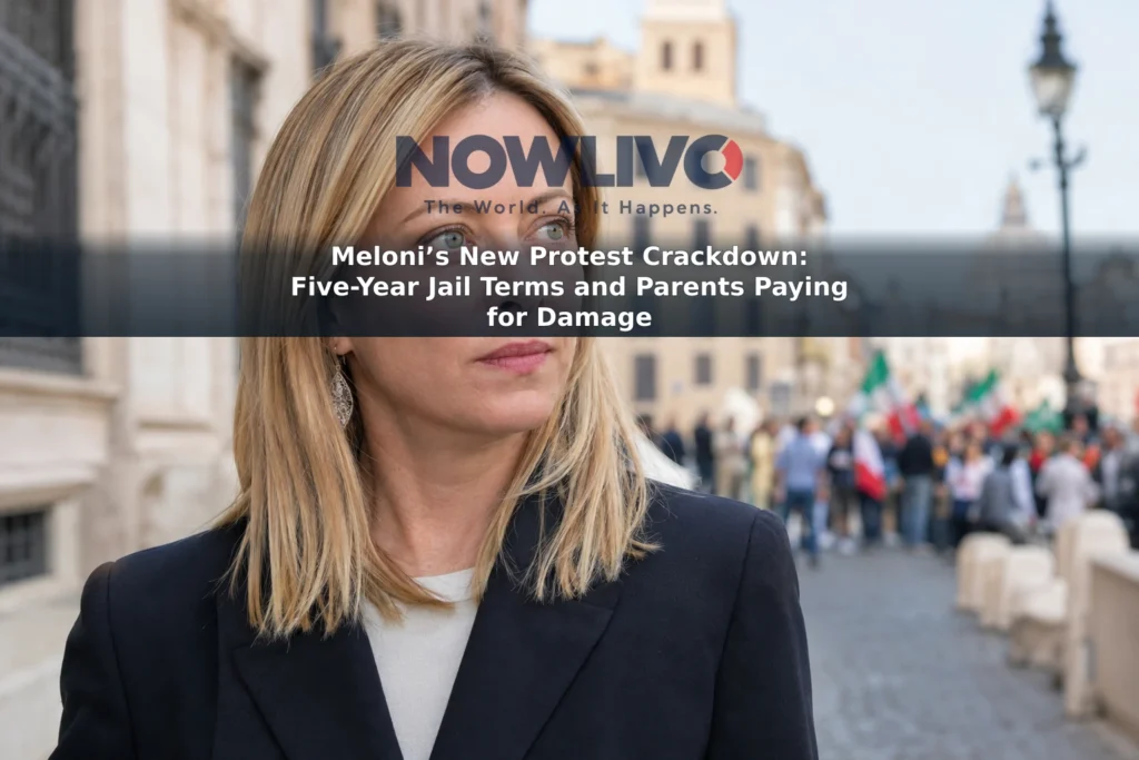 Editorial-style image of Giorgia Meloni with a peaceful demonstration blurred in the background