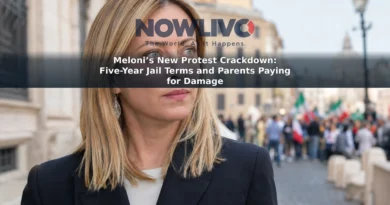 Editorial-style image of Giorgia Meloni with a peaceful demonstration blurred in the background