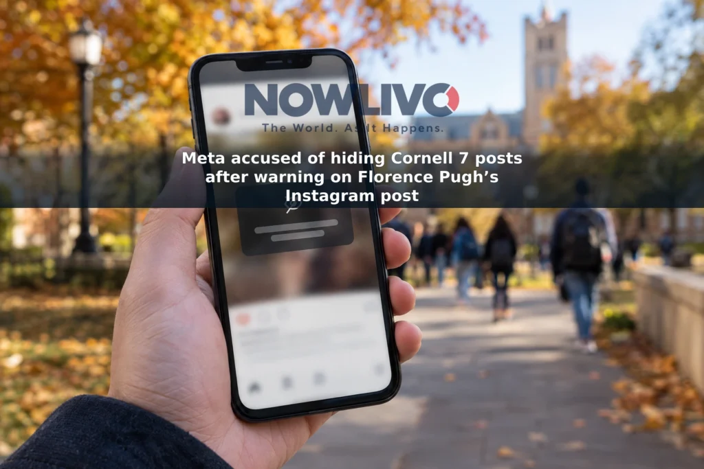 Illustrative smartphone showing an indistinct content warning against a blurred university campus background