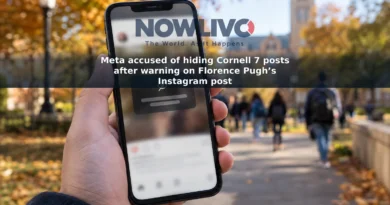 Illustrative smartphone showing an indistinct content warning against a blurred university campus background