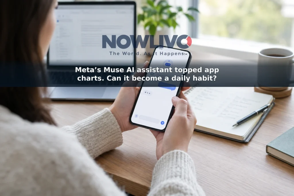 An adult uses an AI assistant on a smartphone at a home desk.