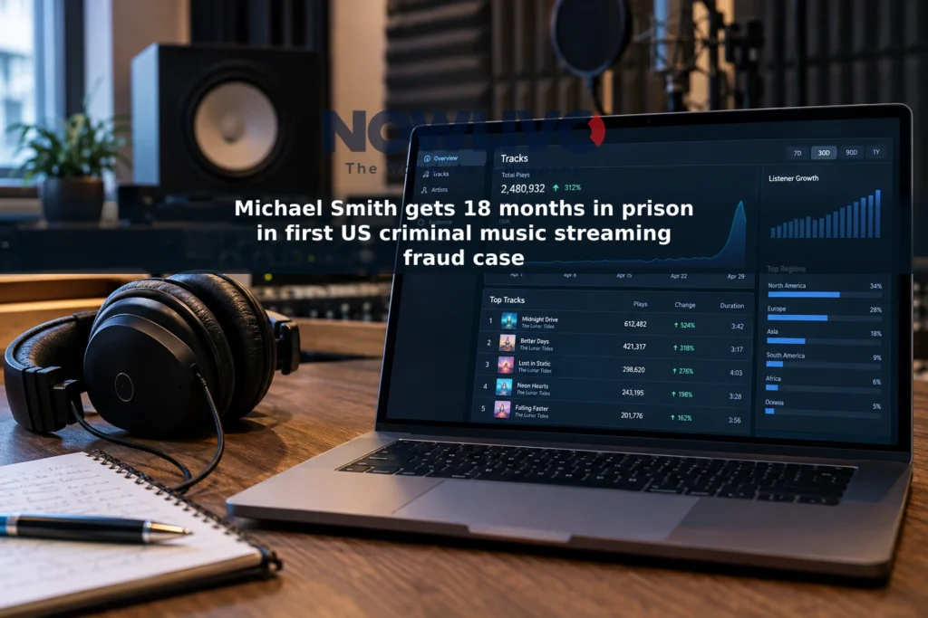Studio headphones beside a laptop displaying an illustrative music-streaming analytics dashboard.