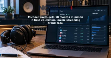Studio headphones beside a laptop displaying an illustrative music-streaming analytics dashboard.