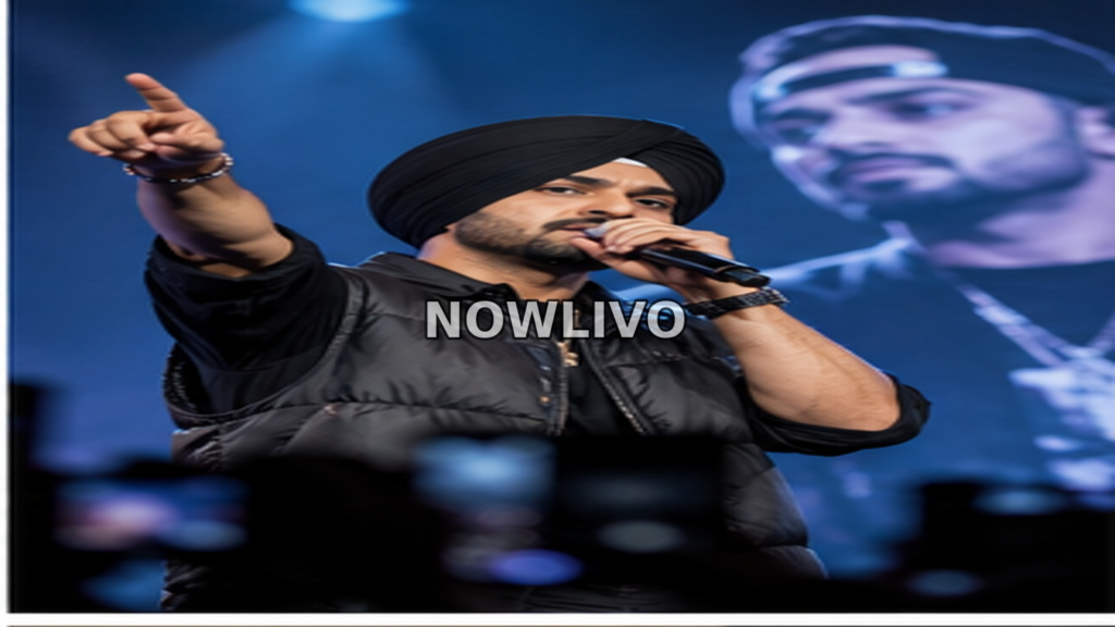 Punjabi singer in a black turban performing on stage with a microphone under blue concert lighting.