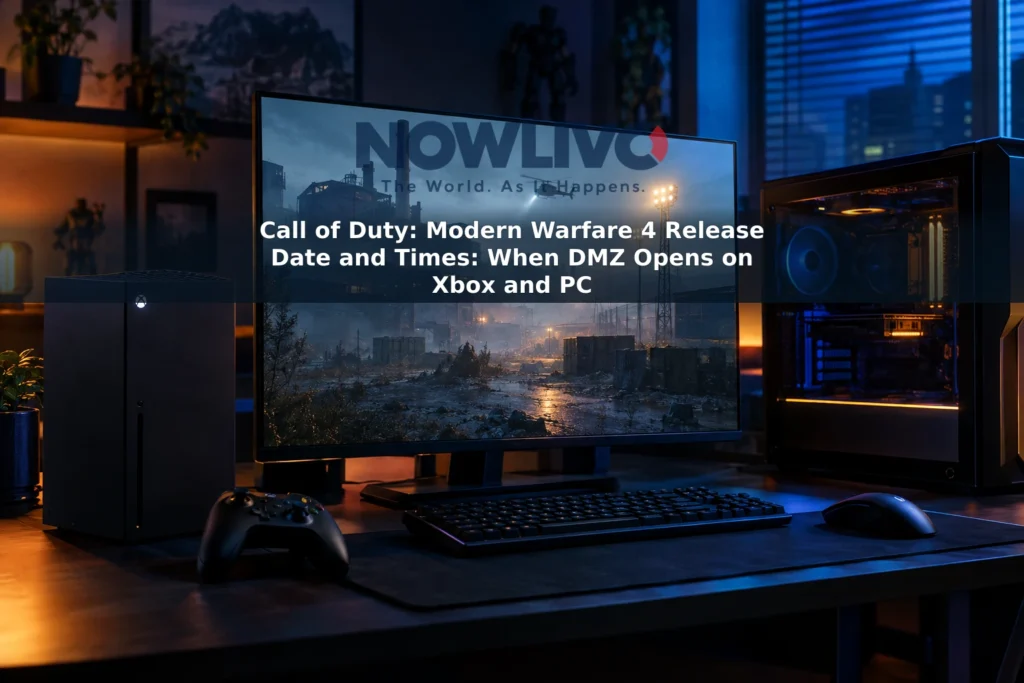 Xbox Series X and gaming PC beside a screen showing a fictional extraction-shooter scene.