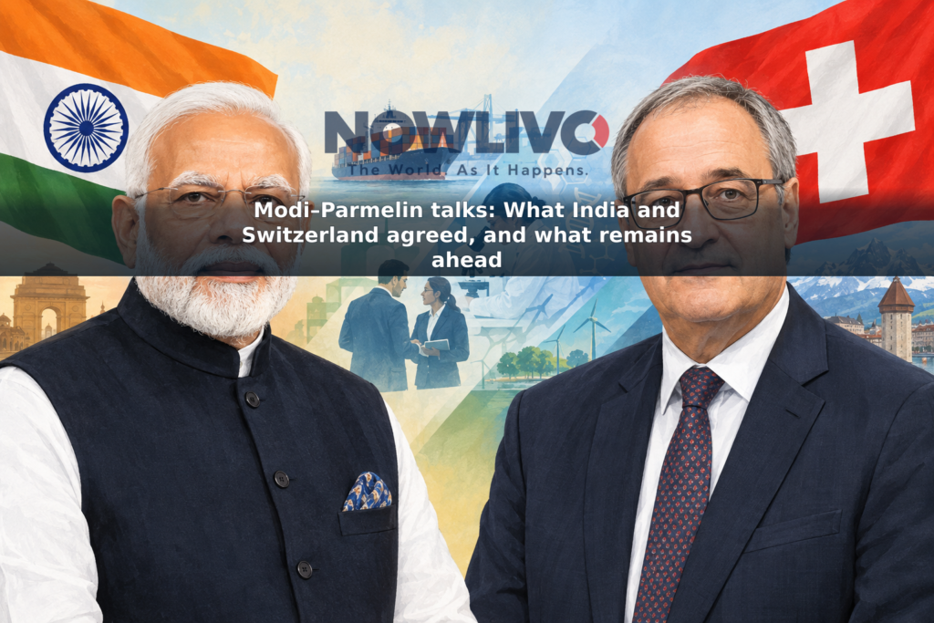 Editorial illustration of Narendra Modi and Guy Parmelin beside Indian and Swiss flags, with motifs representing trade, research and mobility.
