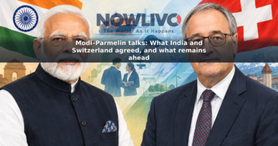 Editorial illustration of Narendra Modi and Guy Parmelin beside Indian and Swiss flags, with motifs representing trade, research and mobility.