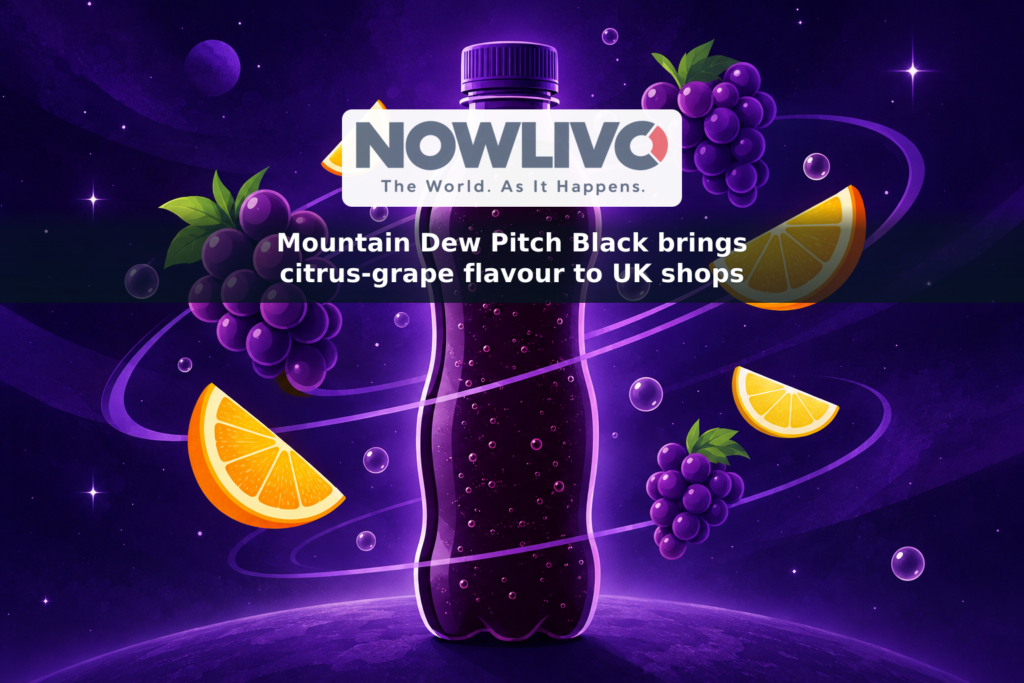 Illustration of a dark-purple soft drink bottle surrounded by grapes, citrus slices and bubbles against a space-inspired background.