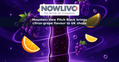 Illustration of a dark-purple soft drink bottle surrounded by grapes, citrus slices and bubbles against a space-inspired background.