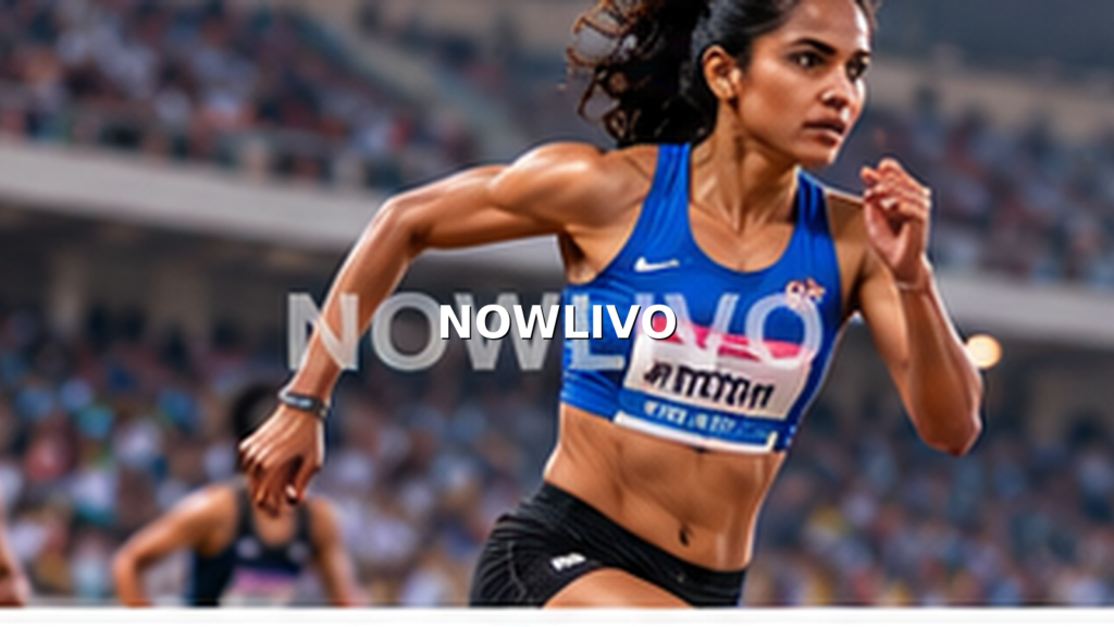 Indian woman sprinter accelerating on a floodlit athletics track