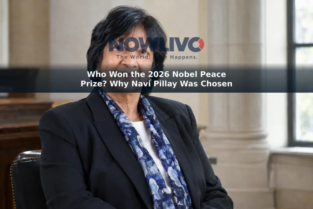Editorial-style portrait illustration of South African jurist Navi Pillay in a legal-institution setting.