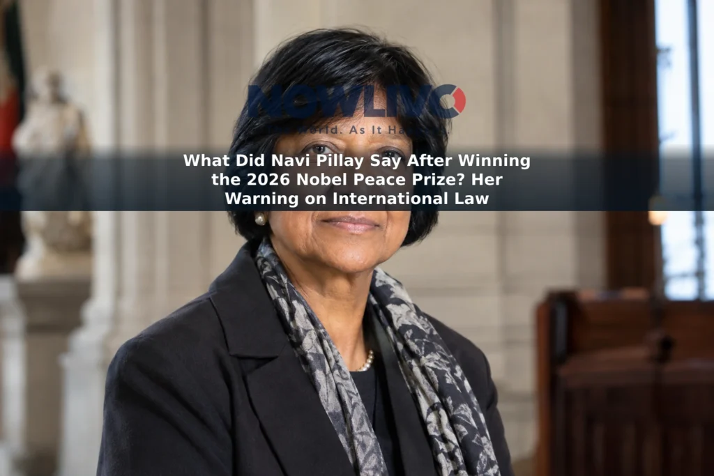 Editorial portrait-style image of Navi Pillay against a softly lit courthouse-inspired background.