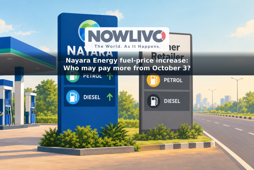 Illustration comparing a Nayara fuel-station price board with another retailer’s board, with upward arrows beside petrol and diesel.