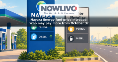 Illustration comparing a Nayara fuel-station price board with another retailer’s board, with upward arrows beside petrol and diesel.