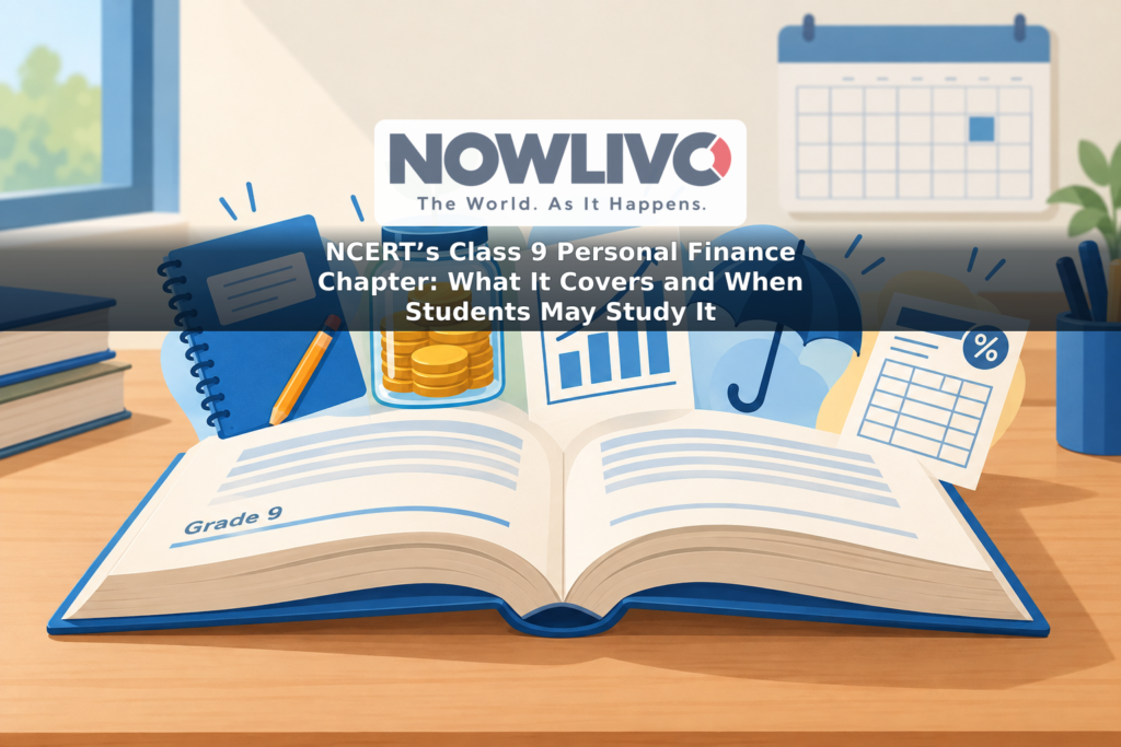 Illustration of an open Grade 9 textbook surrounded by symbols for budgeting, saving, insurance and income tax, with a classroom calendar behind it.