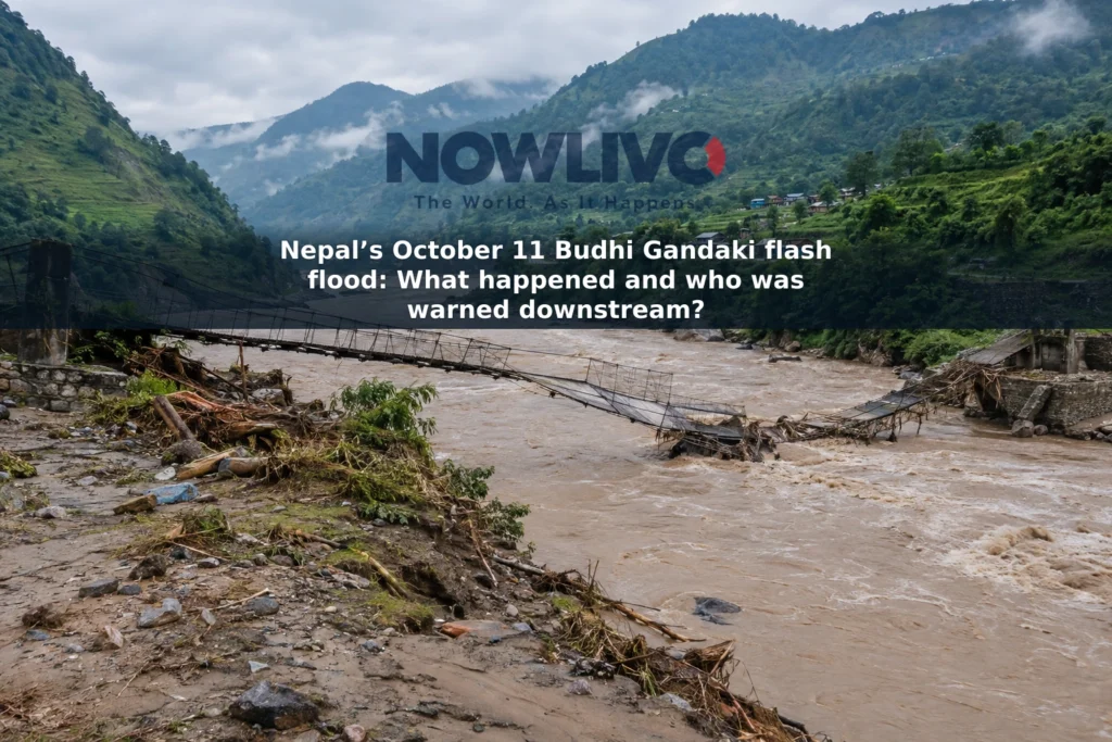 Illustrative view of a swollen river, debris and a damaged footbridge in a mountainous Nepalese valley.