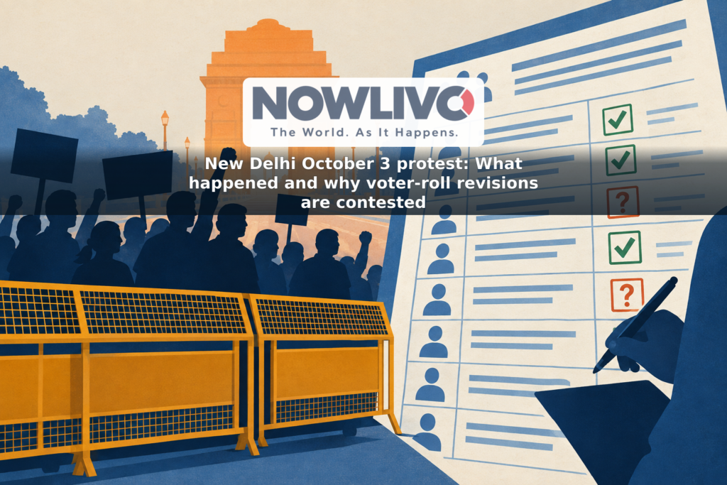 Conceptual illustration of protesters by a barricade beside an abstract voter list with questioned entries.