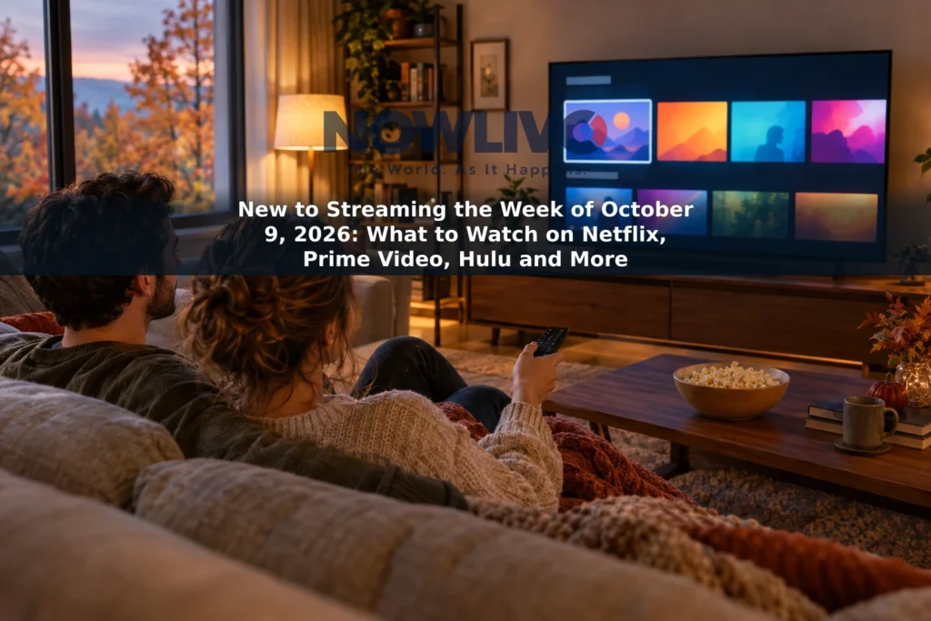 Two adults browse streaming choices on a television in a warmly lit living room.