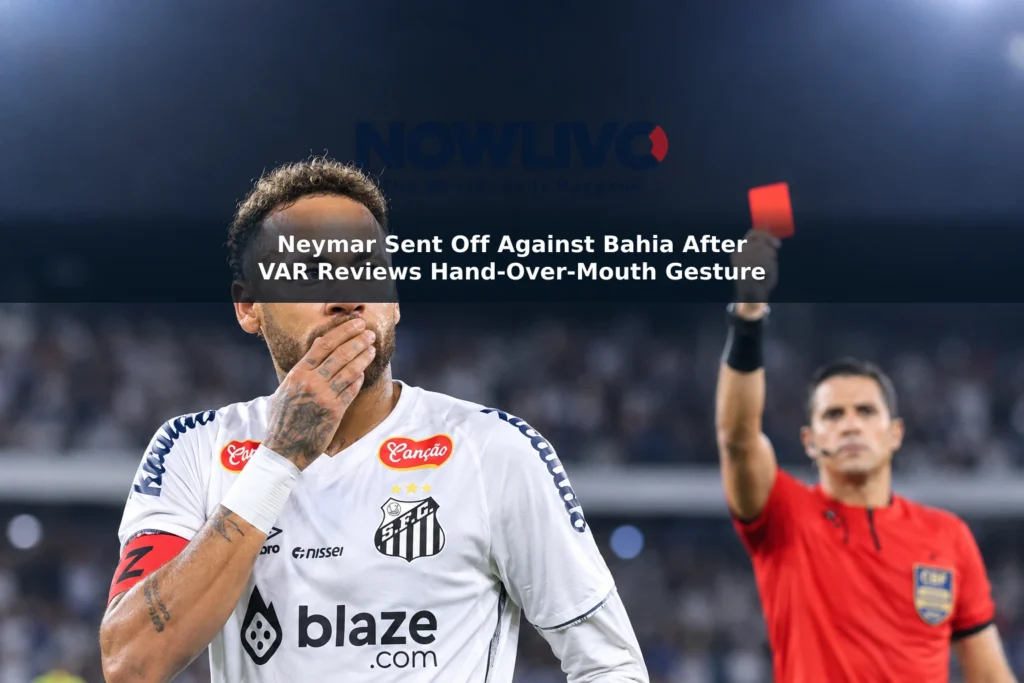 Editorial illustration of Neymar in a Santos kit with his hand near his mouth and a referee’s red card in the background.
