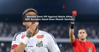 Editorial illustration of Neymar in a Santos kit with his hand near his mouth and a referee’s red card in the background.