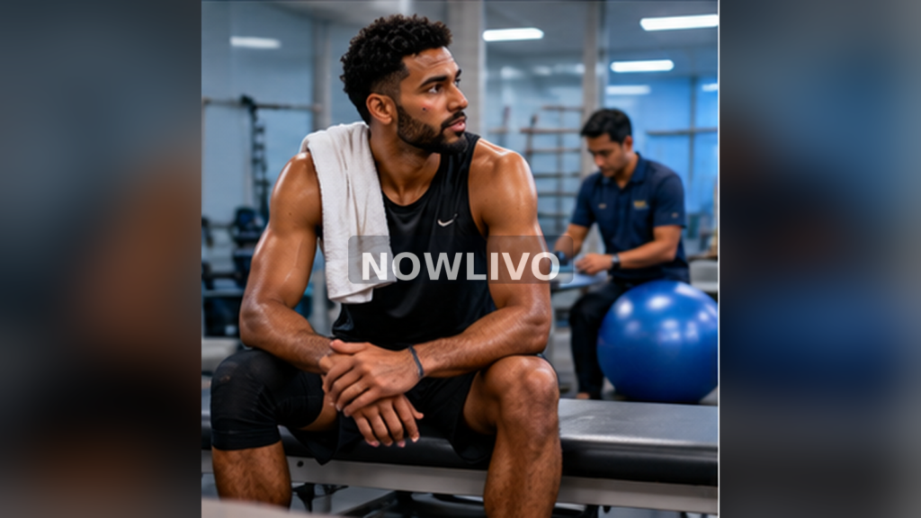 Basketball athlete seated beside rehabilitation equipment in sports clinic; illustrative image with centered NOWLIVO watermark.