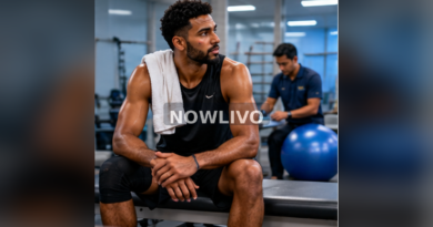 Basketball athlete seated beside rehabilitation equipment in sports clinic; illustrative image with centered NOWLIVO watermark.
