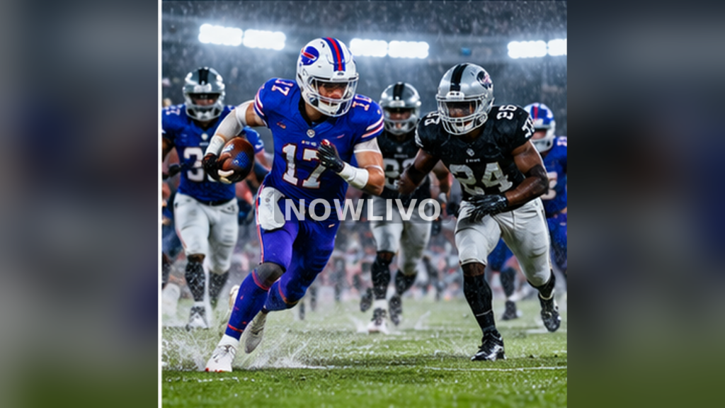 American football player in blue breaking into open field against black-uniformed defenders; illustrative image with centered NOWLIVO watermark.